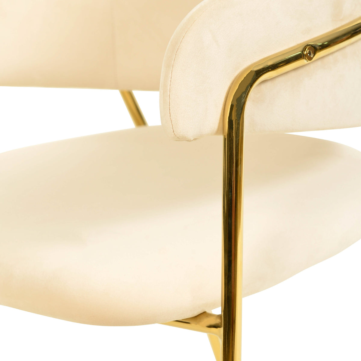 Axis Upholstered Dining Chair with Curved Open-Back and Arms and Black/Gold Stainless Steel Legs Gold Velvet Beige Dining Chair Leisuremod