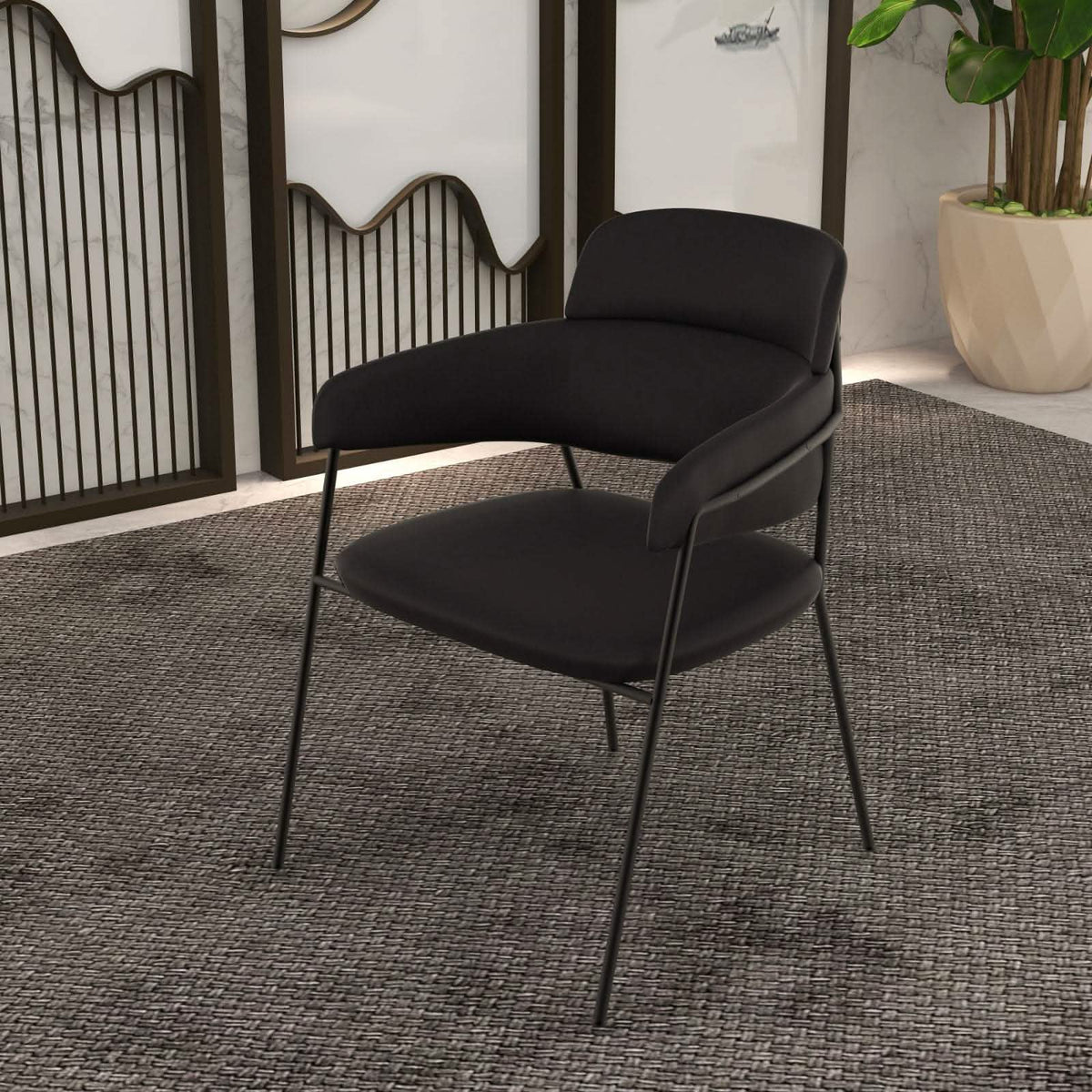 Axis Upholstered Dining Chair with Curved Open-Back and Arms and Black/Gold Stainless Steel Legs Black Velvet Black Dining Chair Leisuremod