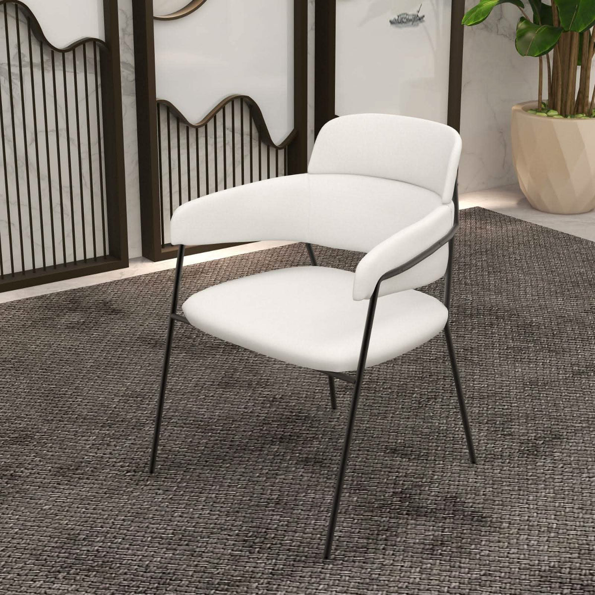 Axis Upholstered Dining Chair with Curved Open-Back and Arms and Black/Gold Stainless Steel Legs Black Polyester White Dining Chair Leisuremod