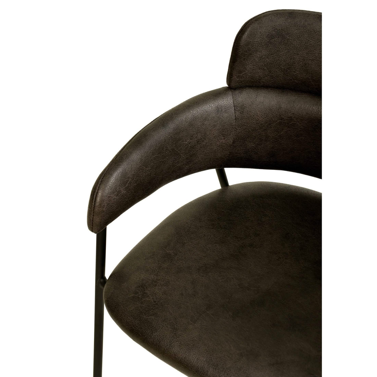 Axis Upholstered Dining Chair with Curved Open-Back and Arms and Black/Gold Stainless Steel Legs Black Leather Charcoal Dining Chair Leisuremod
