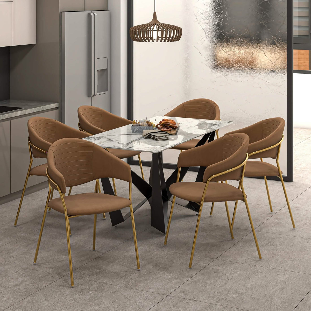 Bella Dining Chair Upholsted in Leather or Velvet in Gold Stainless Steel Brown Velvet Dining Chair Leisuremod