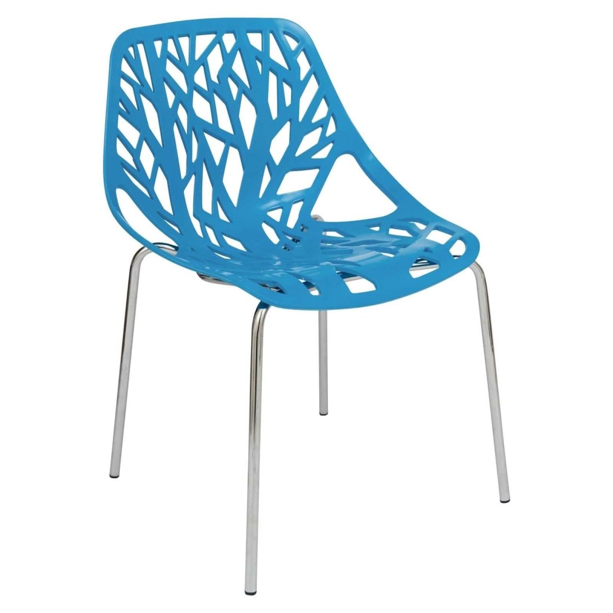 Asbury Polypropylene Dining Side Chair with Forest Cut-Out Design in Chrome Blue Dining Chair Leisuremod