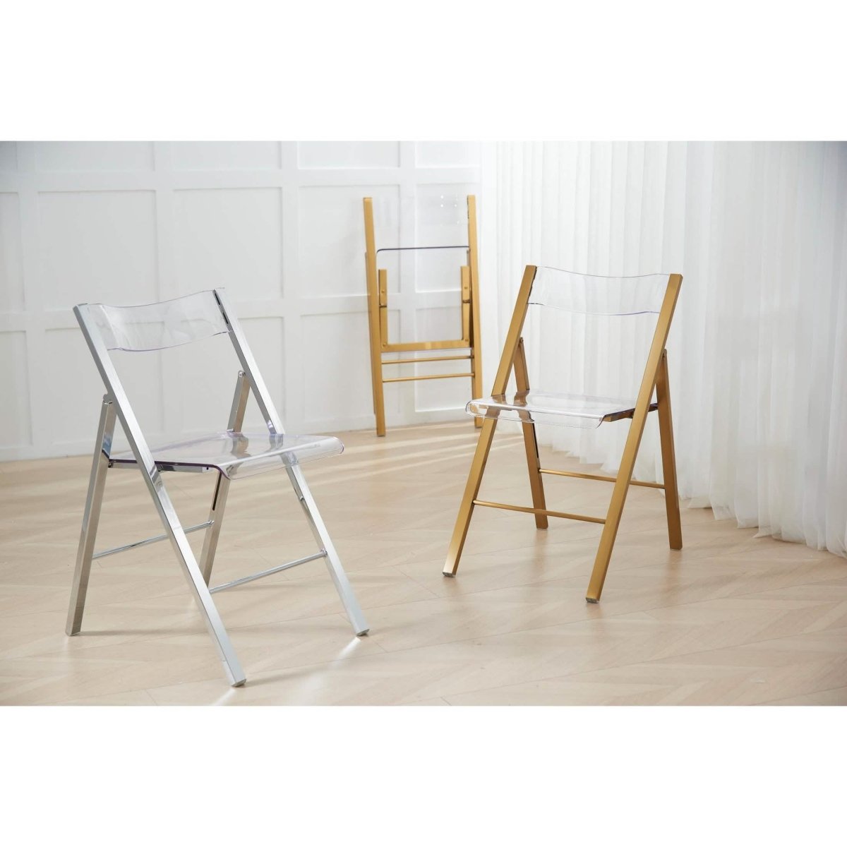 Menno Modern Acrylic Gold Base Folding Chair Clear Dining Chair Leisuremod