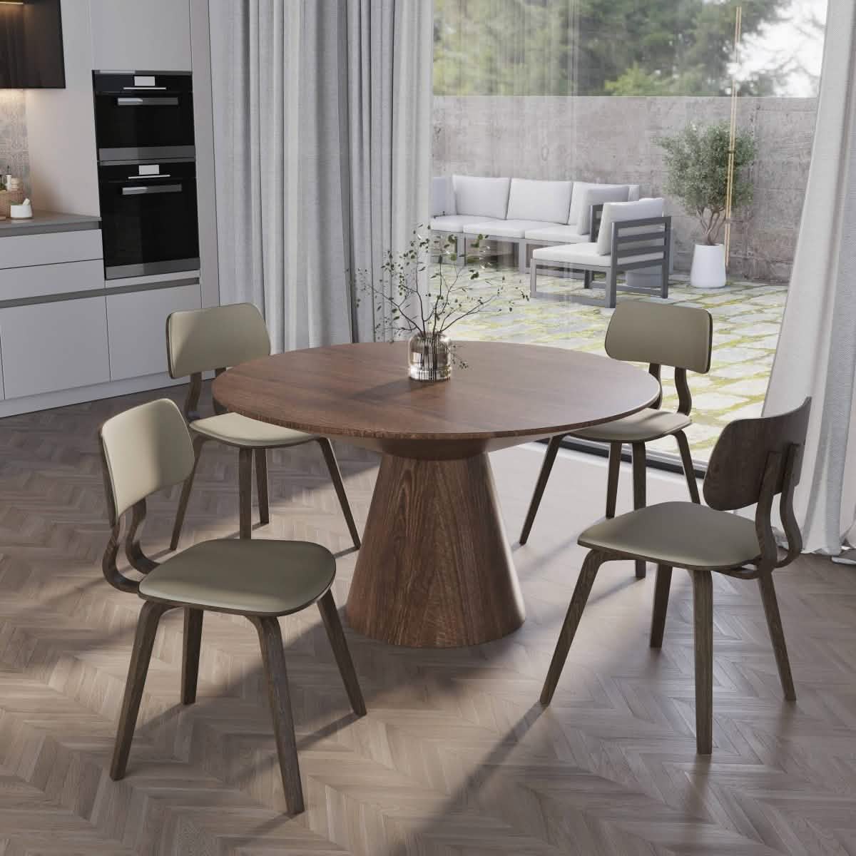 Clivo Modern Wooden Dining Chair Upholstered in Leather With Walnut Color Frame Dark Walnut Taupe Dining Chair Leisuremod