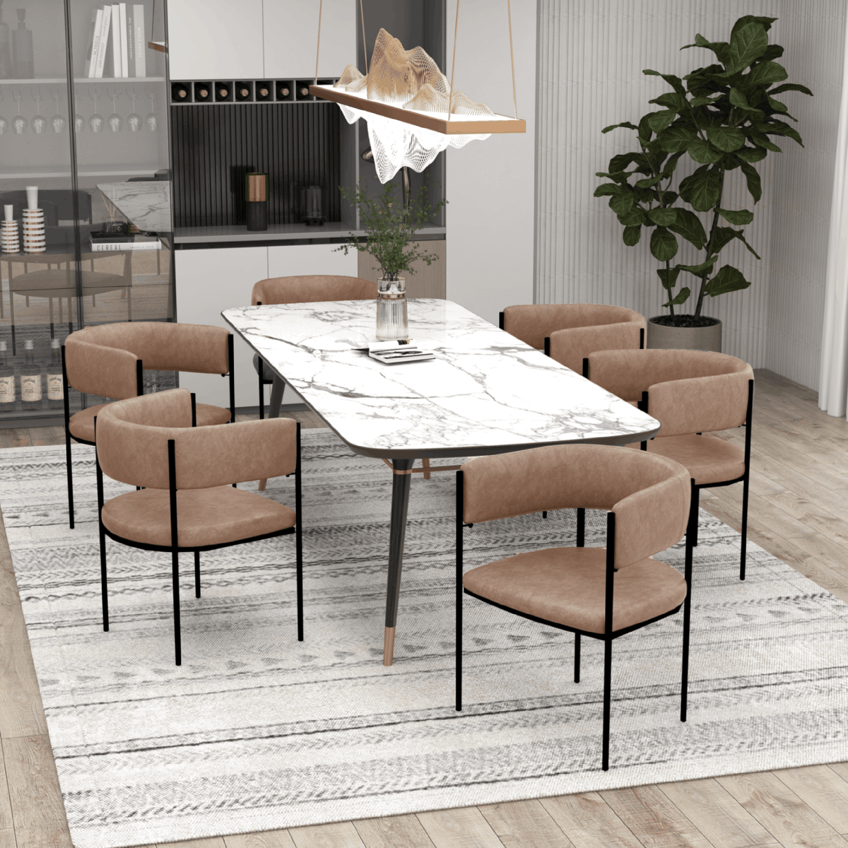 Cyril Dining Chair in Leather or Velvet with Open Back Design and Powder-Coated Iron Frame Light Brown Dining Chair Leisuremod