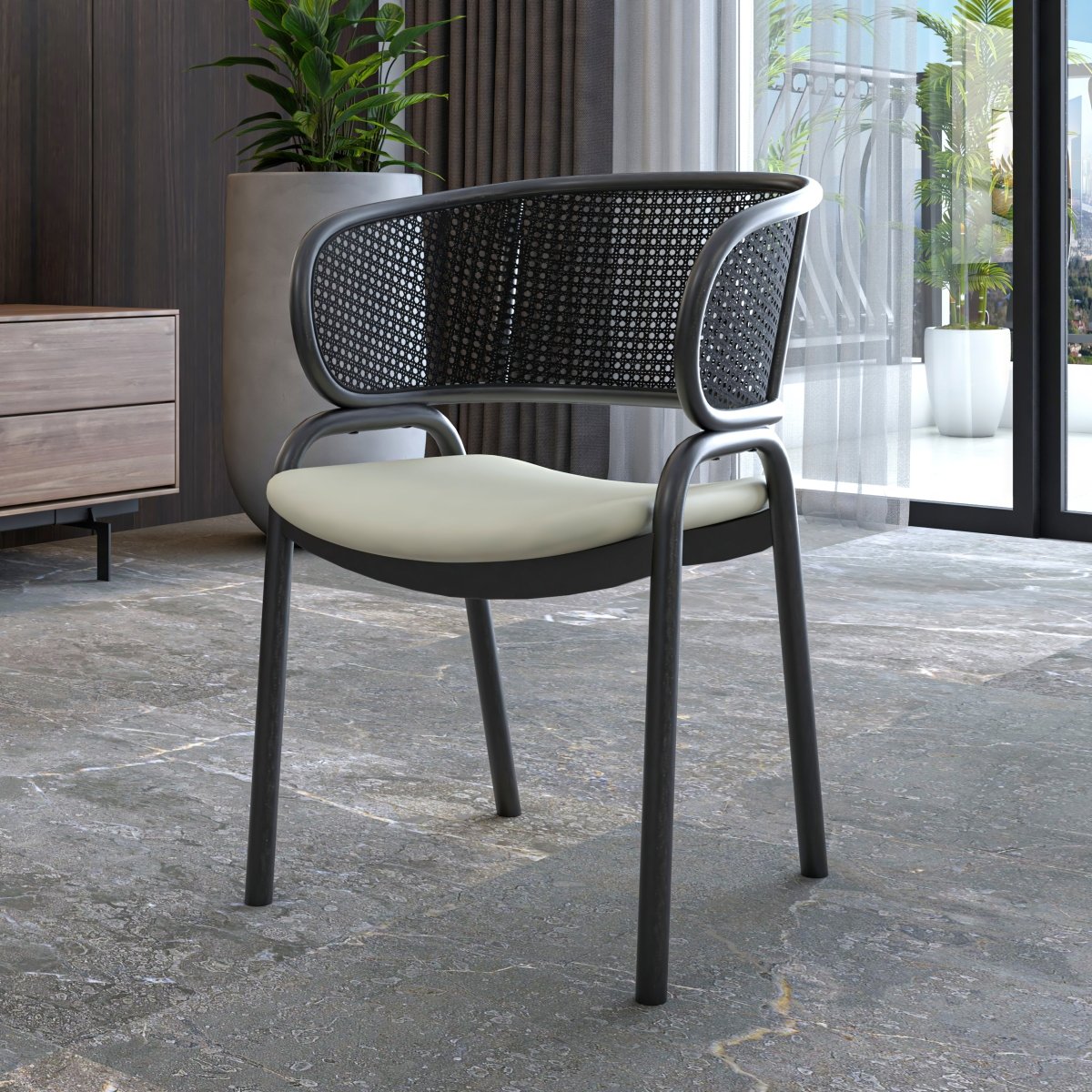 Ervilla Velvet Dining Armchair with Steel Legs and Wicker Back Black Black Beige Dining Chair Leisuremod