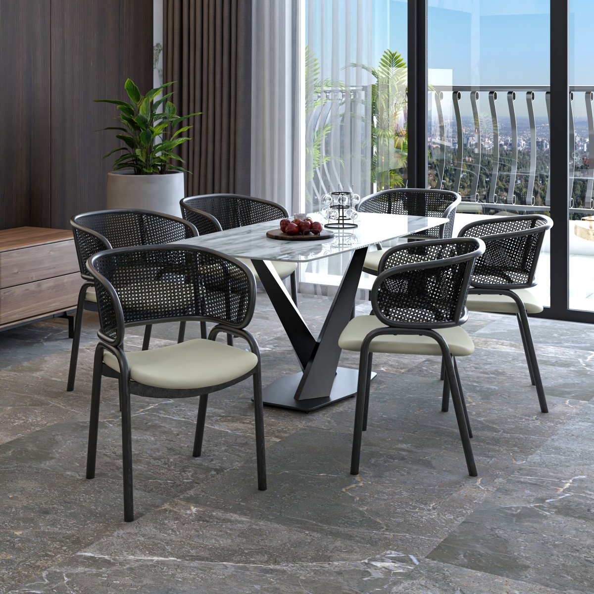 Ervilla Velvet Dining Armchair with Steel Legs and Wicker Back Black Black Beige Dining Chair Leisuremod