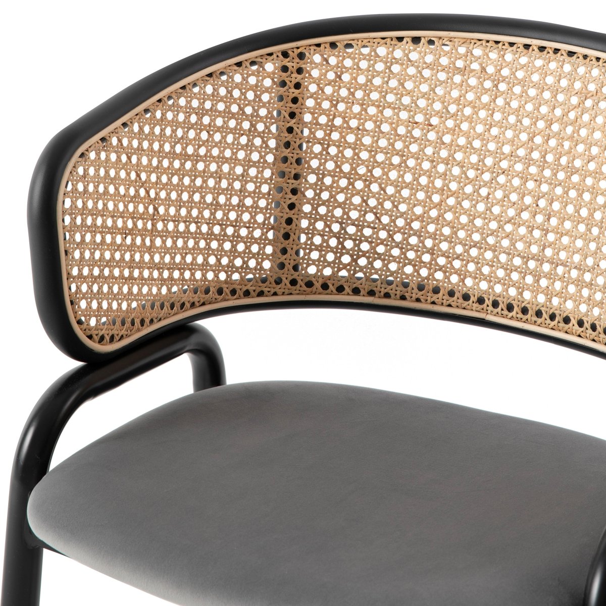 Ervilla Velvet Dining Armchair with Steel Legs and Wicker Back Black Brown Grey Dining Chair Leisuremod