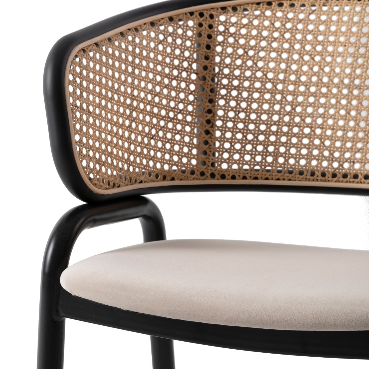 Ervilla Velvet Dining Armchair with Steel Legs and Wicker Back Black Brown Beige Dining Chair Leisuremod