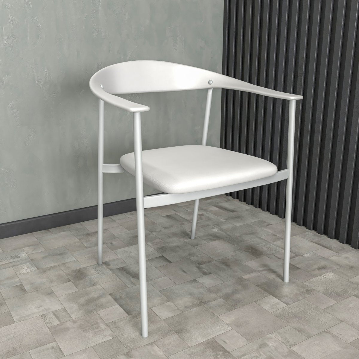 Kora Dining Chair Upholstered in Leather with Stainless Steel Frame and Legs White Dining Chair Leisuremod