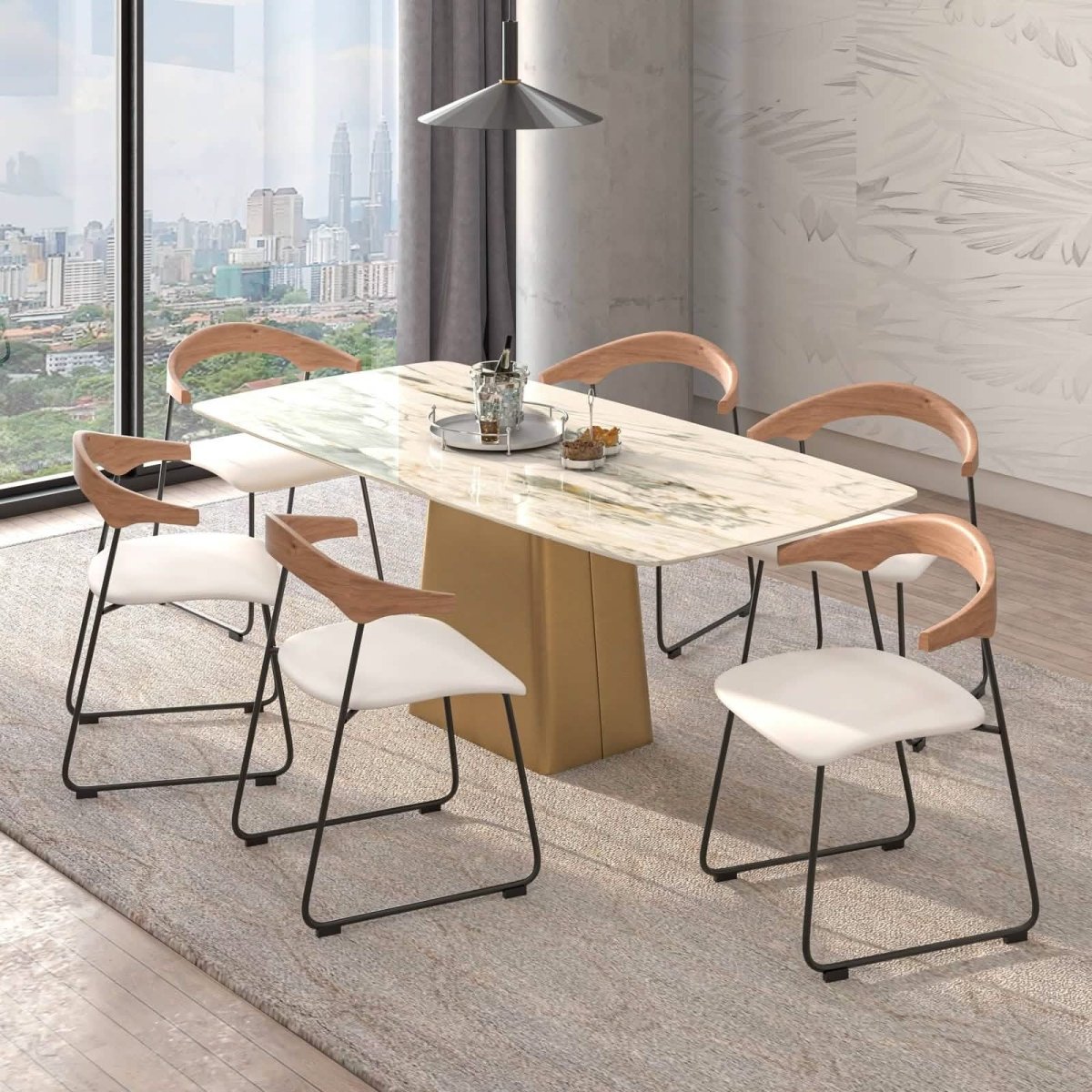 Lyra Leather Dining Chair with a Beech Wood Curved Back and Iron Legs Natural Wood White Dining Chair Leisuremod