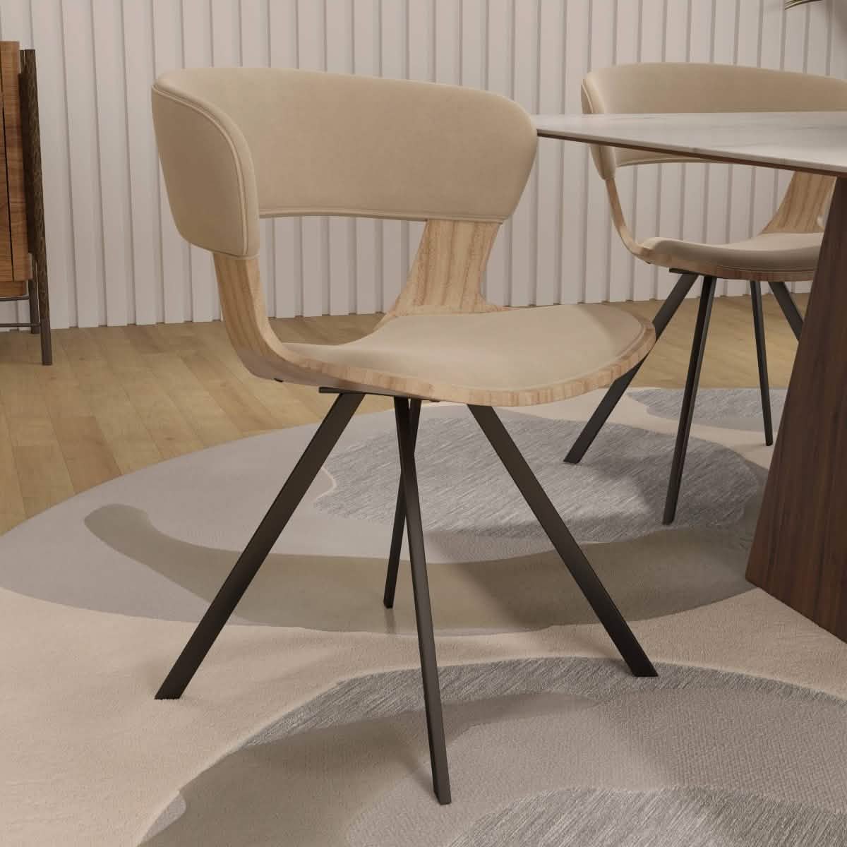 Nymia Upholstered Dining Chair With Saddle Seat Design and Iron Legs Washed Walnut Taupe Dining Chair Leisuremod