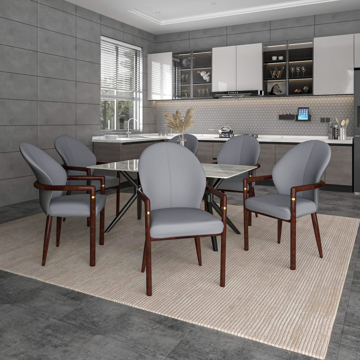 Opaline Dining Chair in Velvet or Leather Upholstery with Rubberwood Frame with Gold Accents Grey Leather Dining Chair Leisuremod