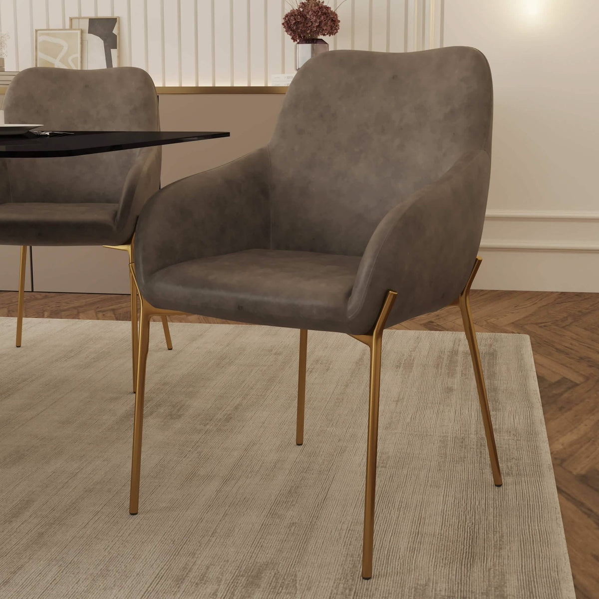 Zaire Upholsters Dining Chair in Velvet/Leather/Boucle with Gold Chrome Iron Velvet Beige Dining Chair Leisuremod