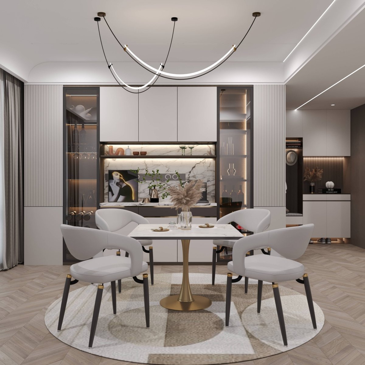 Bristol Square Dining Table with Marble White MDF Top and Steel Pedestal Base 35" Wide Gold Dining Table LeisureMod
