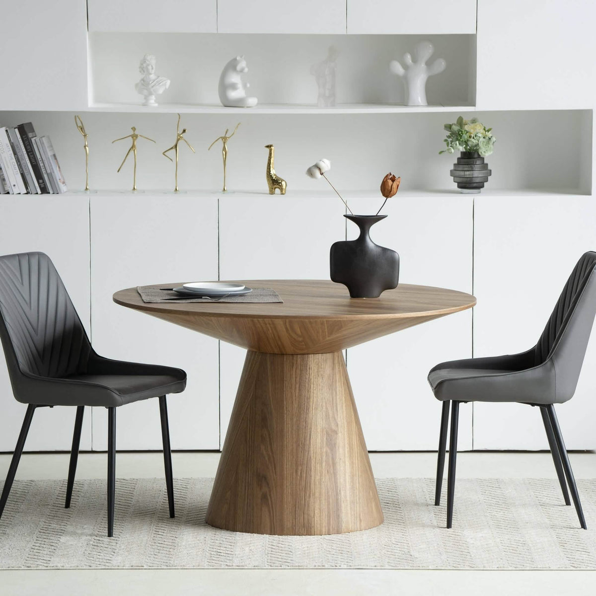 Fynix 47β Round Dining Table with Ash Wood Veneer Top and Pedestal Base Natural Wood Dining Table Leisuremod