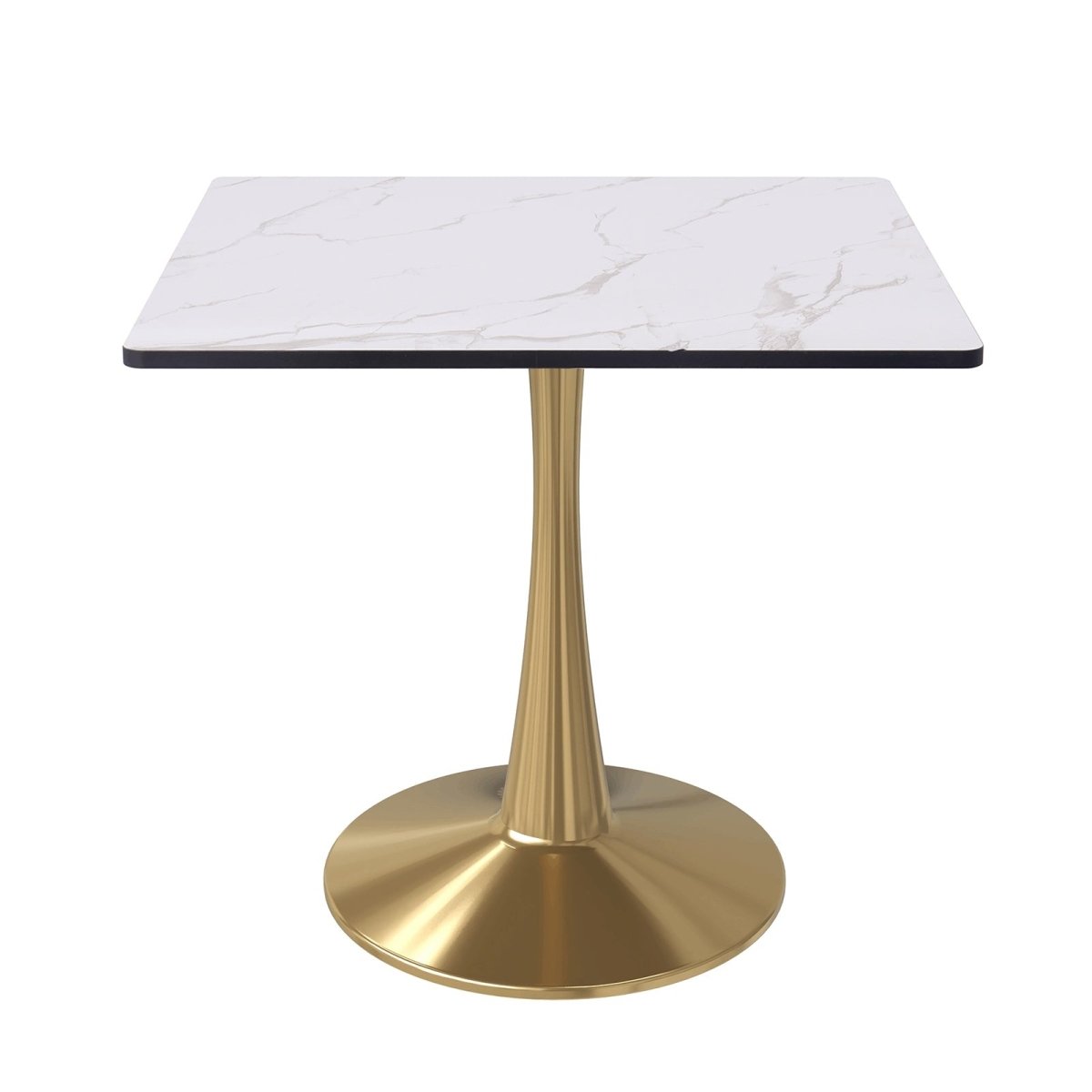Bristol Square Dining Table with Marble White MDF Top and Steel Pedestal Base 27" Wide Gold Dining Table LeisureMod