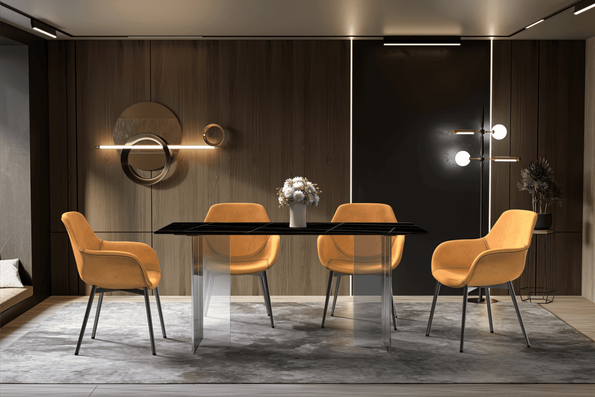 Kova Rectangular Dining Table with Sintered Stone/Glass Top and Acrylic Base Legs Sintered Stone Black Gold Dining Table Leisuremod