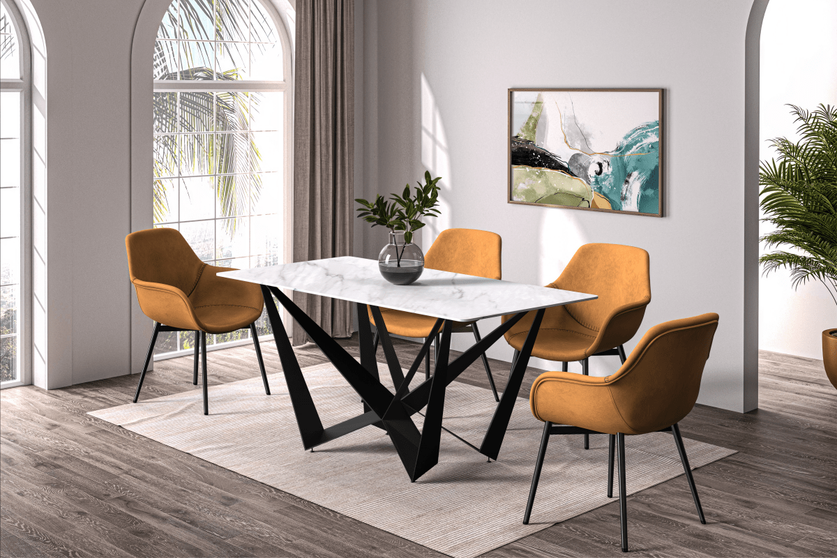 Nuvor Dining Table with Rectangular Sintered Stone/Glass Tabletop and Black Steel Legs Sintered Stone 55 Inches Wide Light Grey Dining Table Leisuremod