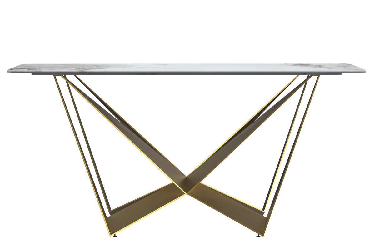 Nuvor Dining Table with Rectangular Sintered Stone/Glass Tabletop and Gold Steel Legs Sintered Stone 55 Inches Wide Light Grey Dining Table Leisuremod