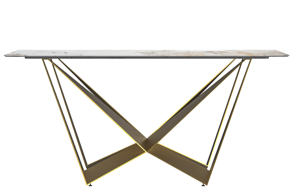 Nuvor Dining Table with Rectangular Sintered Stone/Glass Tabletop and Gold Steel Legs Sintered Stone 55 Inches Wide Black and Gold Dining Table Leisuremod