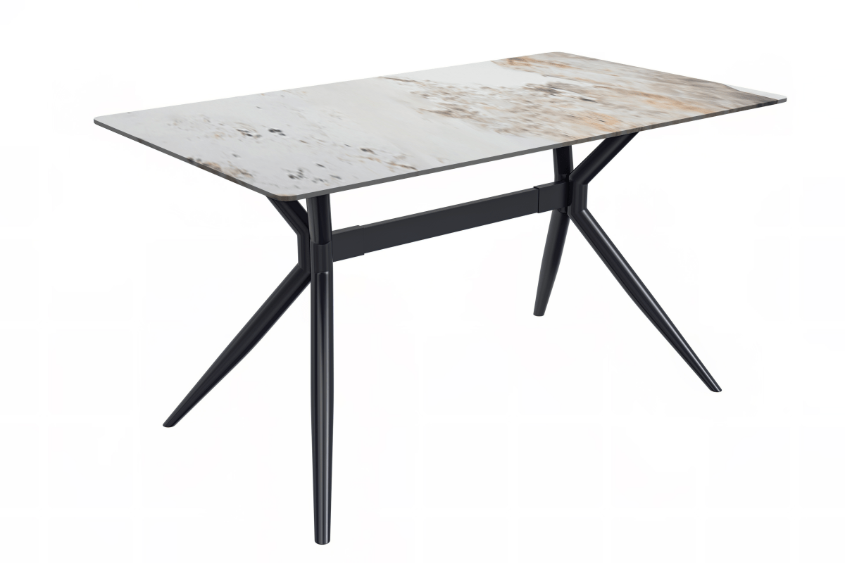 Elega Rectangular Dining Table with Sintered Stone/Glass Rectangular Top and Black Stainless Steel Base Sintered Stone 55 Inches Wide White Grey Dining Table Leisuremod
