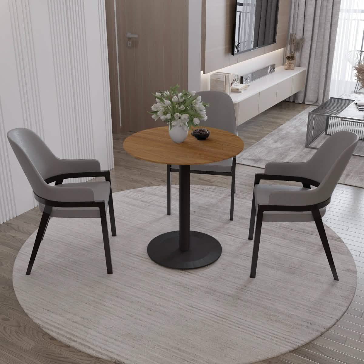 Vail Collection Dining Table Black Base With 27"/36" Round Black MDF Wood/Sintered Stone Top 27 Inches Cognac Brown Wood Dining Table Leisuremod