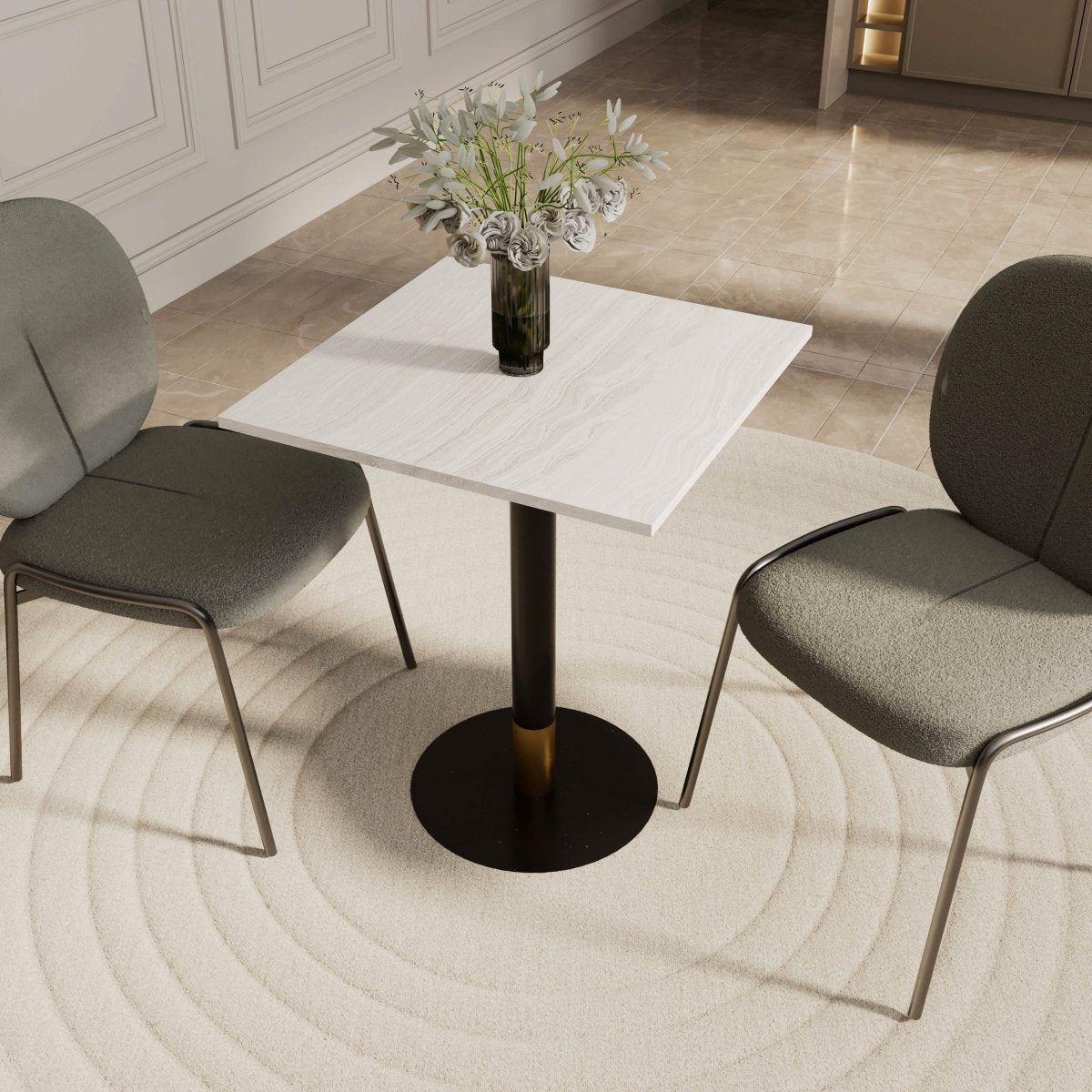 Vail Collection Dining Table Black/Gold Round Base With 24" Square Black MDF Top Black Gold Light Wood Brown Dining Table Leisuremod