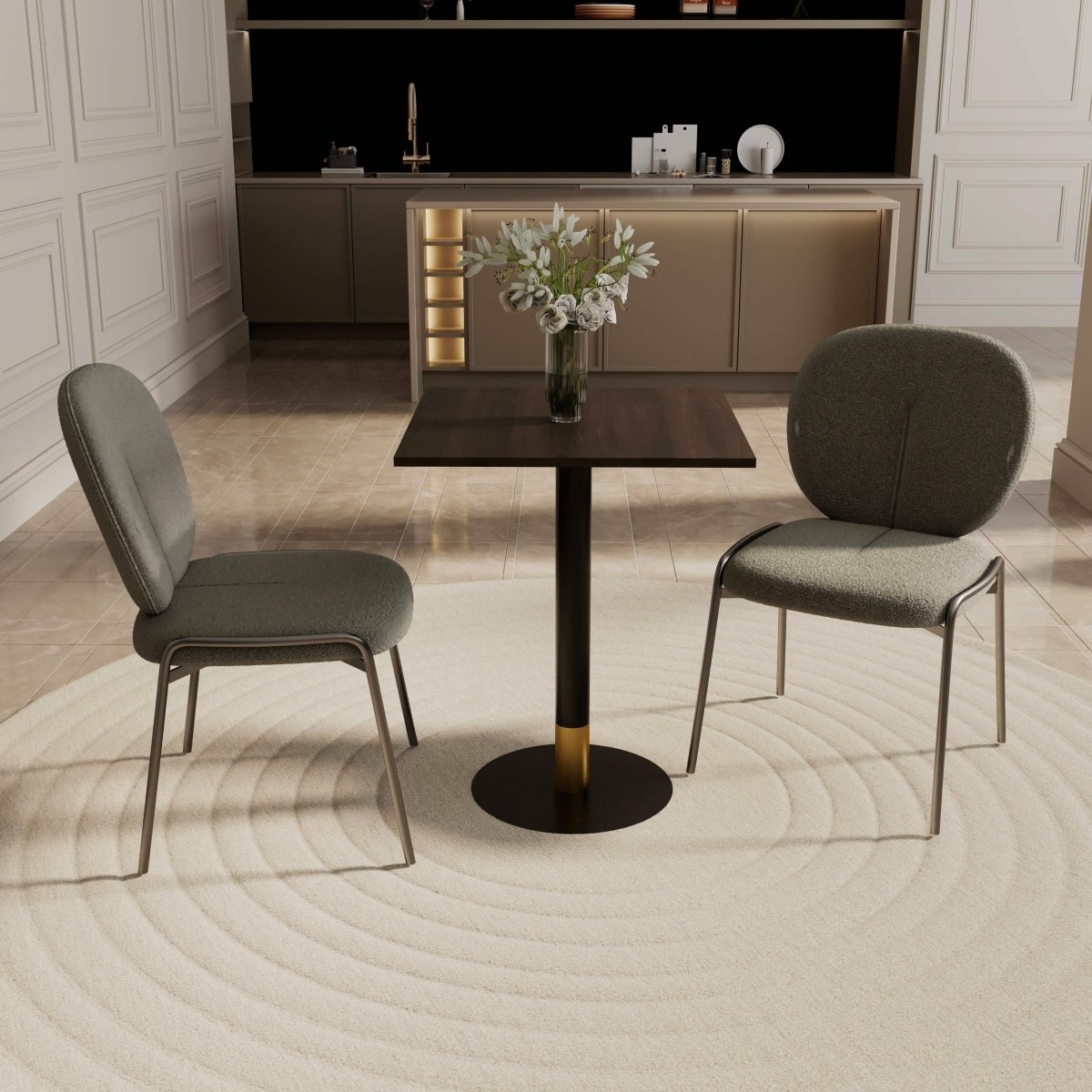 Vail Collection Dining Table Black/Gold Round Base With 24" Square Black MDF Top Black Gold Dark Brown Dining Table Leisuremod