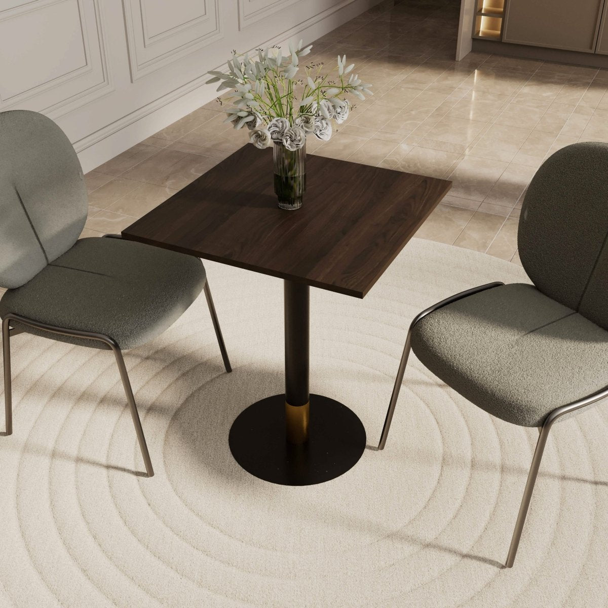 Vail Collection Dining Table Black/Gold Round Base With 24" Square Black MDF Top Black Gold Dark Brown Dining Table Leisuremod