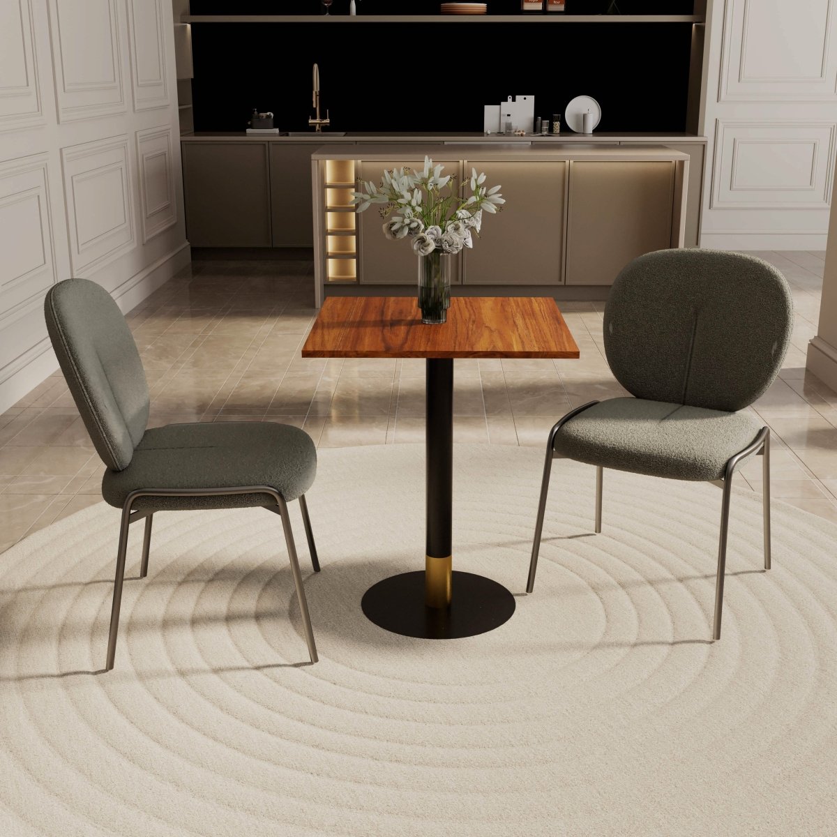 Vail Collection Dining Table Black/Gold Round Base With 24" Square Black MDF Top Black Gold Cognac Brown Dining Table Leisuremod