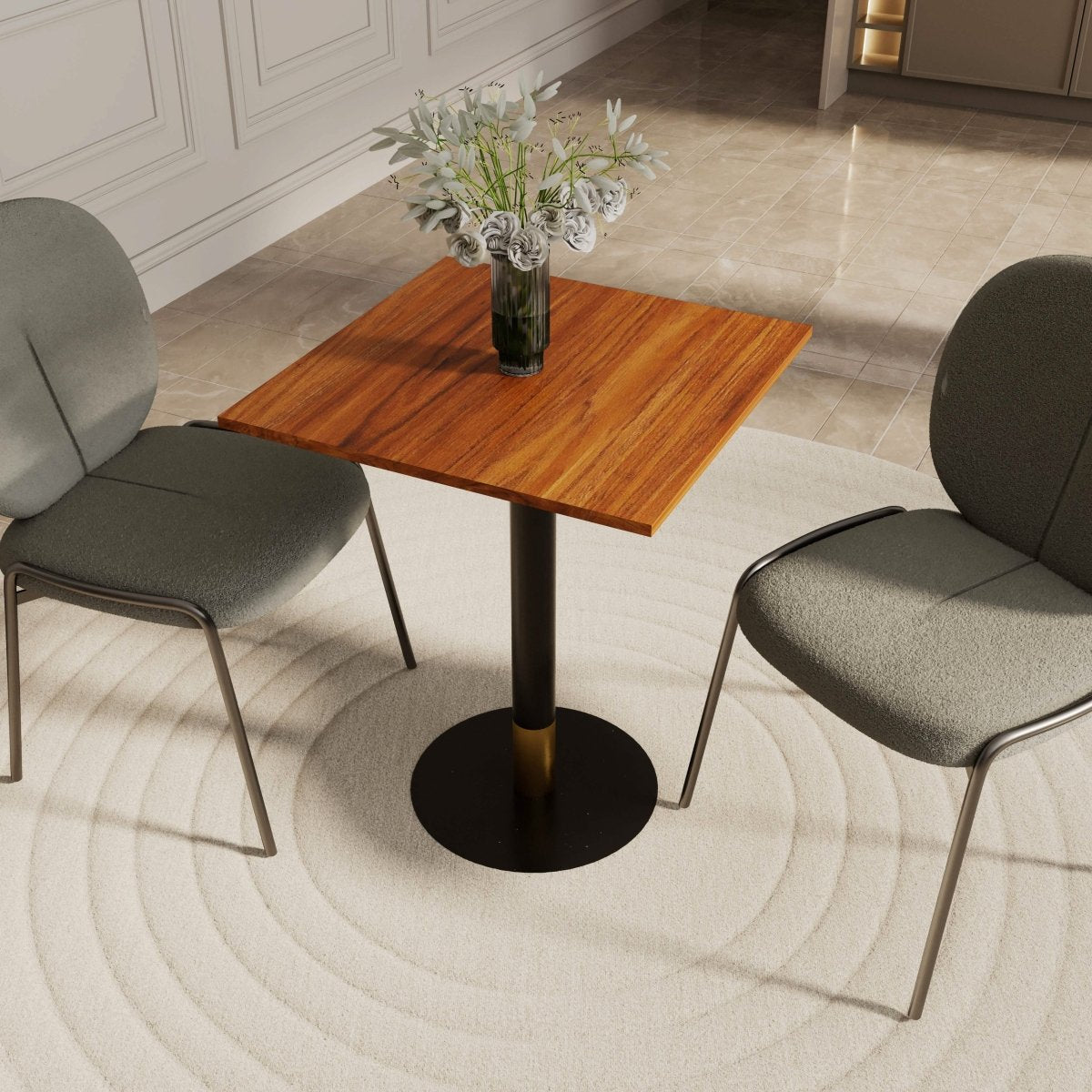 Vail Collection Dining Table Black/Gold Round Base With 24" Square Black MDF Top Black Gold Cognac Brown Dining Table Leisuremod