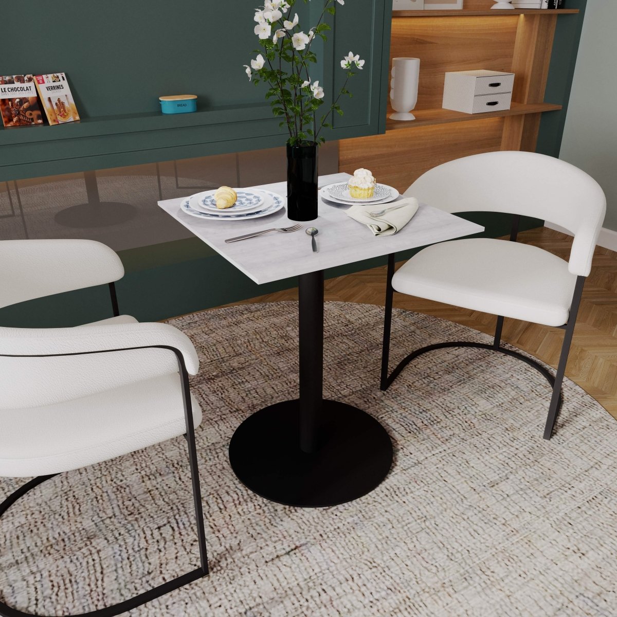 Vail Collection Dining Table Black/Gold Round Base With 24" Square Black MDF Top Black Light Wood Brown Dining Table Leisuremod