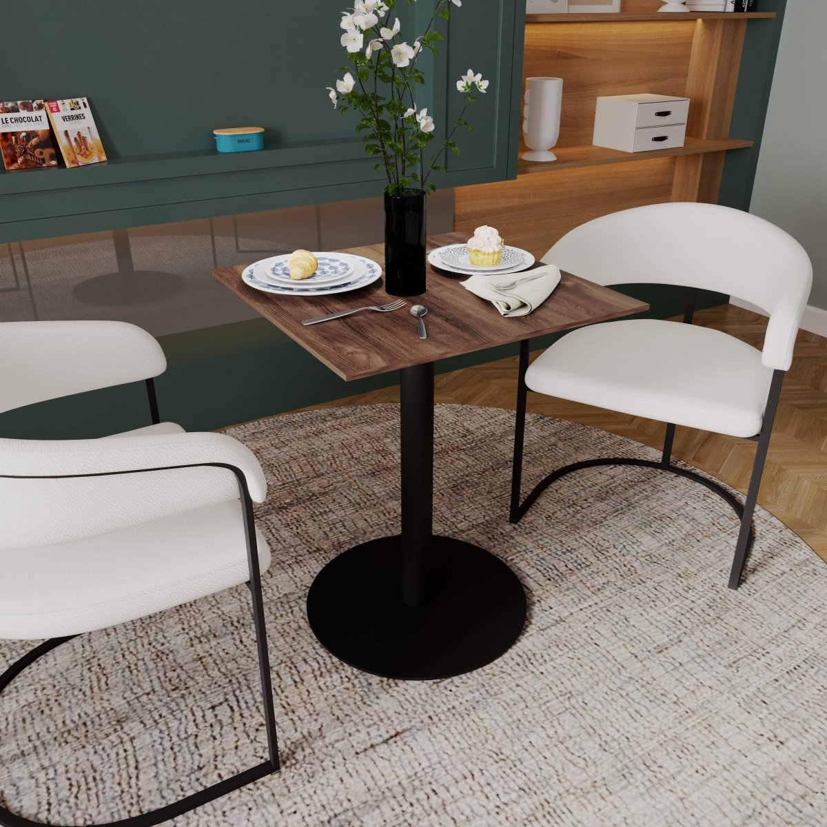 Vail Collection Dining Table Black/Gold Round Base With 24" Square Black MDF Top Black Dark Brown Dining Table Leisuremod