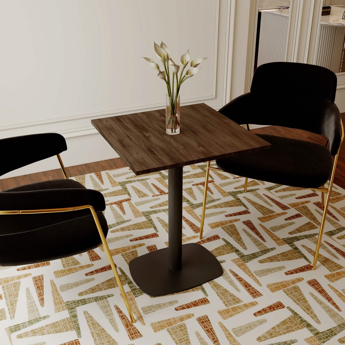 Vail Collection Dining Table Black Rectangle Base With 24" Square MDF Top Dark Brown Dining Table Leisuremod
