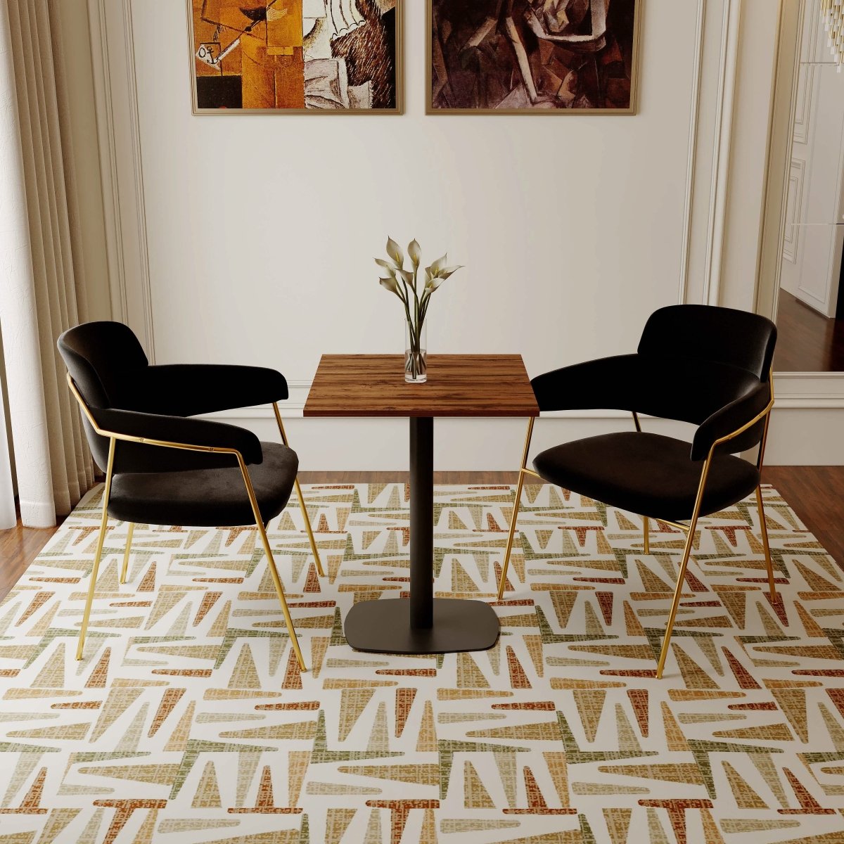 Vail Collection Dining Table Black Rectangle Base With 24" Square MDF Top Cognac Brown Dining Table Leisuremod