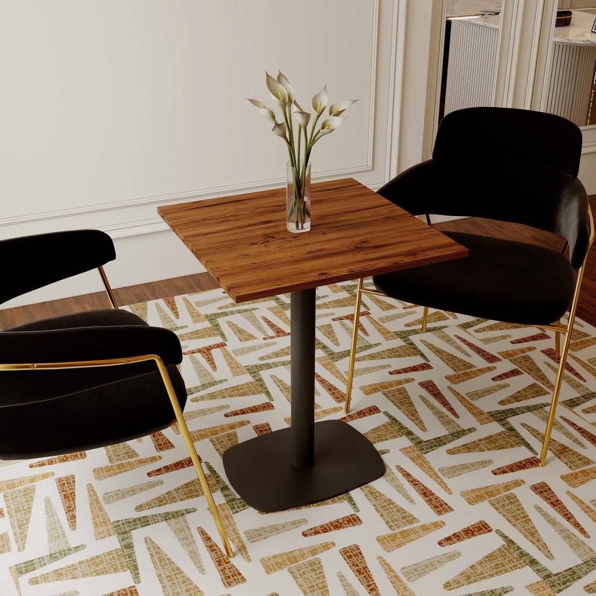 Vail Collection Dining Table Black Rectangle Base With 24" Square MDF Top Cognac Brown Dining Table Leisuremod