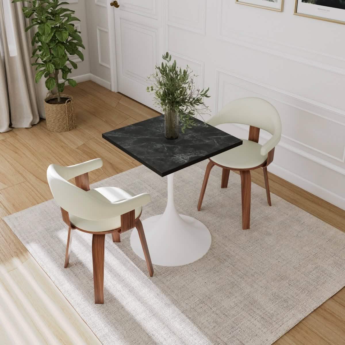 Verve Collection 24"Square Dining Table, Black/White/Brushed Gold Base with MDF Top 27 Inch White Black Wood Dining Table Leisuremod