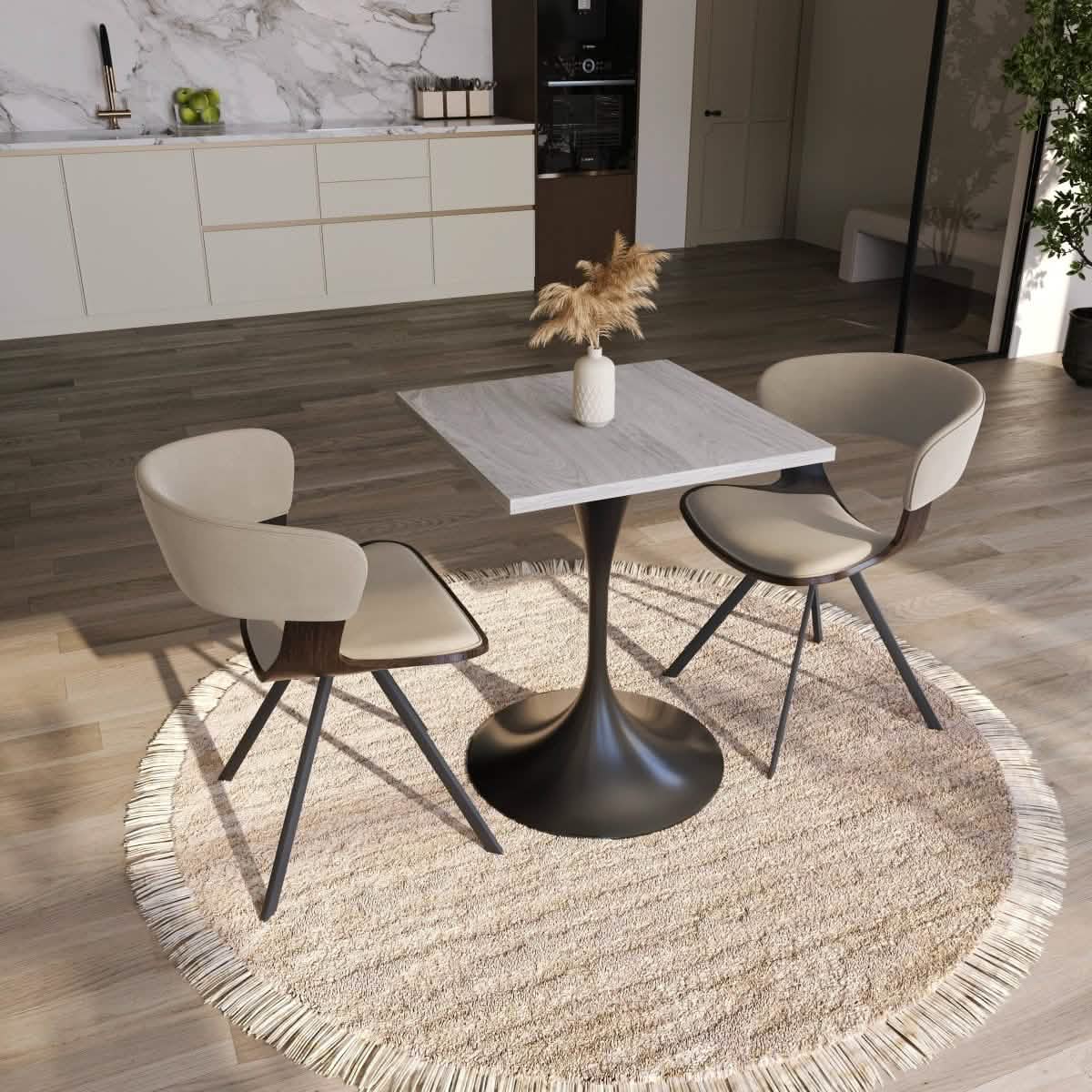 Verve Collection 24"Square Dining Table, Black/White/Brushed Gold Base with MDF Top 27 Inch Black Light Natural Wood Dining Table Leisuremod
