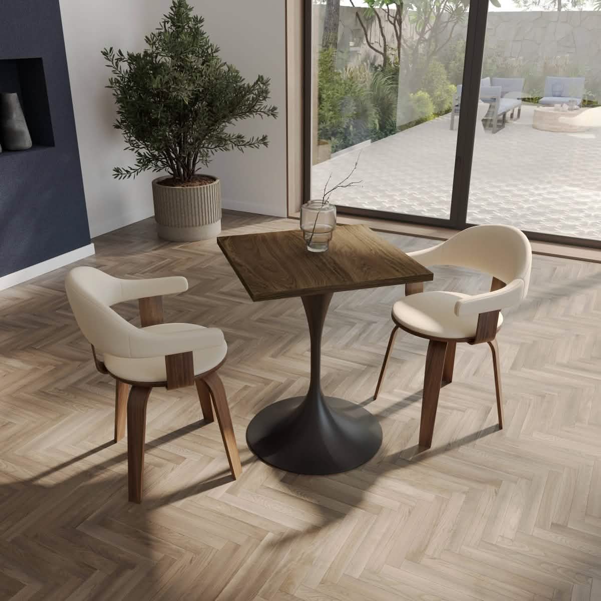 Verve Collection 24"Square Dining Table, Black/White/Brushed Gold Base with MDF Top 27 Inch Black Dark Maple Wood Dining Table Leisuremod