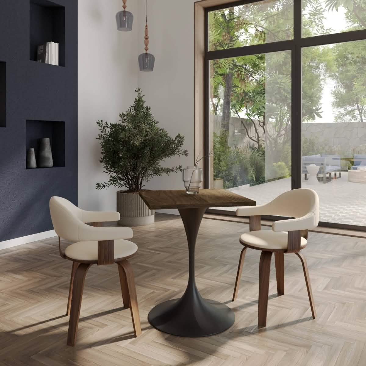 Verve Collection 24"Square Dining Table, Black/White/Brushed Gold Base with MDF Top 27 Inch Black Dark Maple Wood Dining Table Leisuremod