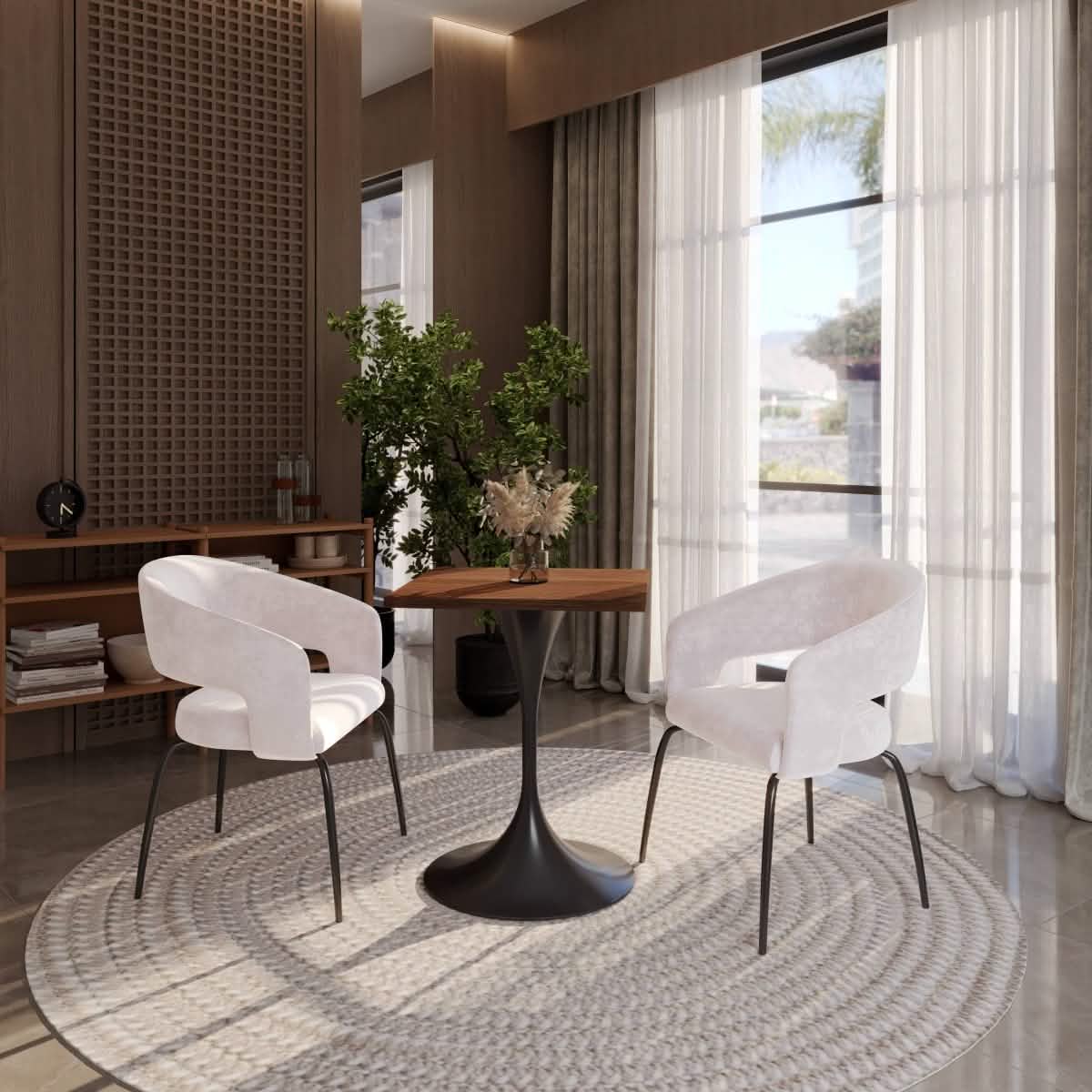 Verve Collection 24"Square Dining Table, Black/White/Brushed Gold Base with MDF Top 27 Inch Black Cognac Brown Wood Dining Table Leisuremod