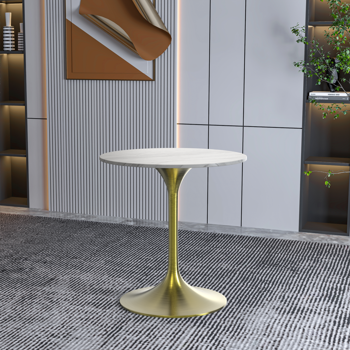 Verve Round Dining Table with MDF/Sintered Stone/Resin Tabletop in Gold Stainless Steel Pedestal Base Sintered Stone 27 Inch White Dining Table Leisuremod
