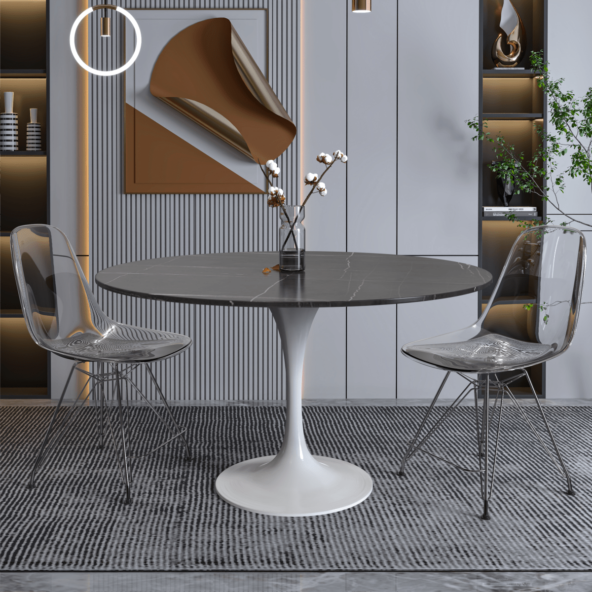 Verve Round Dining Table with MDF/Sintered Stone/Resin Tabletop in White Stainless Steel Pedestal Base Sintered Stone 48 Inch Black Dining Table Leisuremod