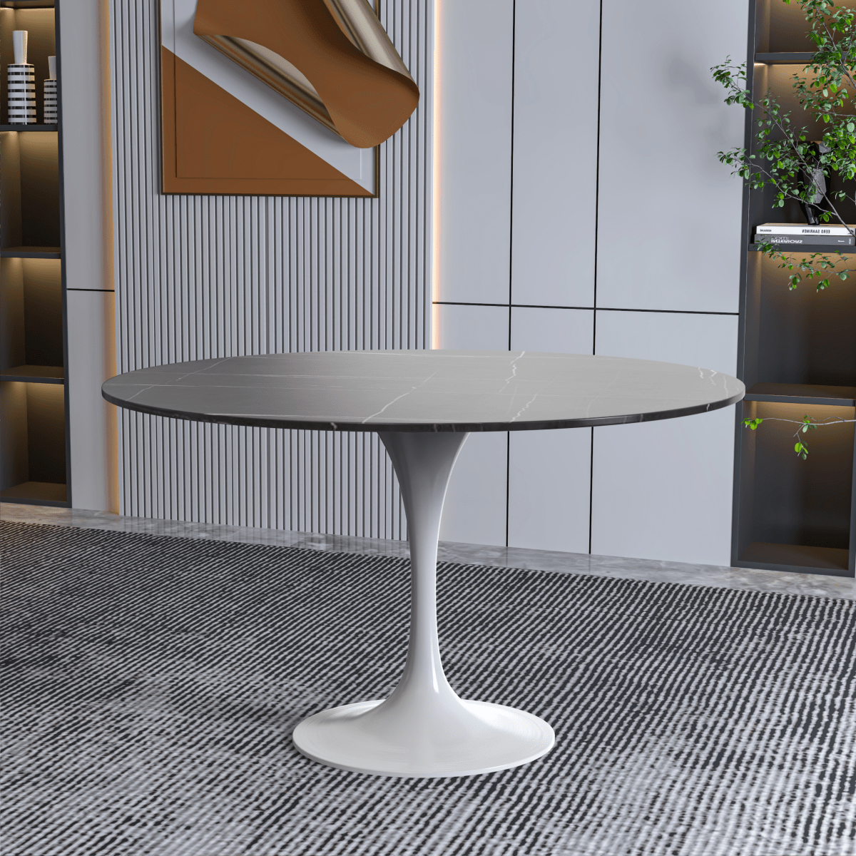 Verve Round Dining Table with MDF/Sintered Stone/Resin Tabletop in White Stainless Steel Pedestal Base Sintered Stone 48 Inch Black Dining Table Leisuremod