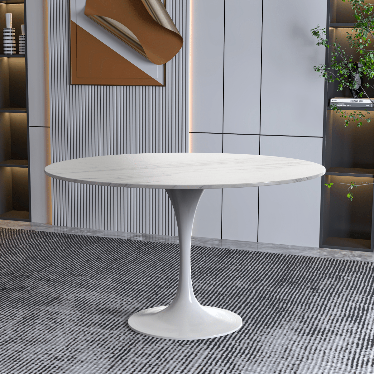 Verve Round Dining Table with MDF/Sintered Stone/Resin Tabletop in White Stainless Steel Pedestal Base Sintered Stone 48 Inch White Dining Table Leisuremod