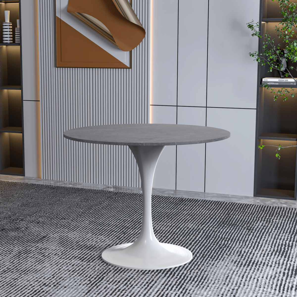 Verve Round Dining Table with MDF/Sintered Stone/Resin Tabletop in White Stainless Steel Pedestal Base Sintered Stone 36 Inch Grey Dining Table Leisuremod