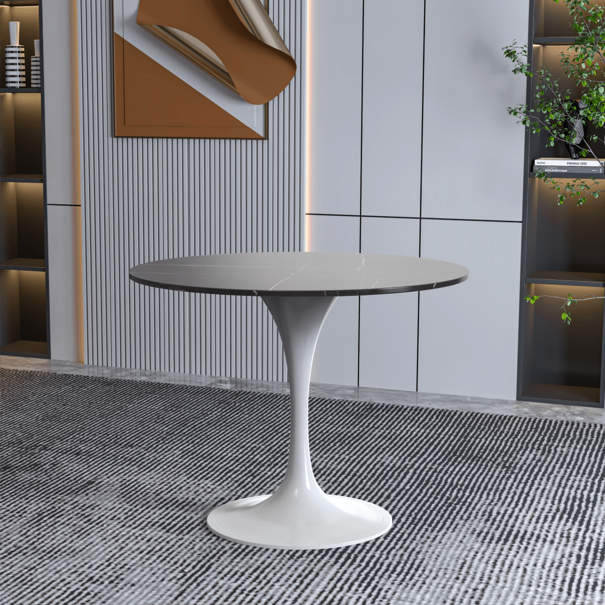 Verve Round Dining Table with MDF/Sintered Stone/Resin Tabletop in White Stainless Steel Pedestal Base Sintered Stone 36 Inch Black Dining Table Leisuremod
