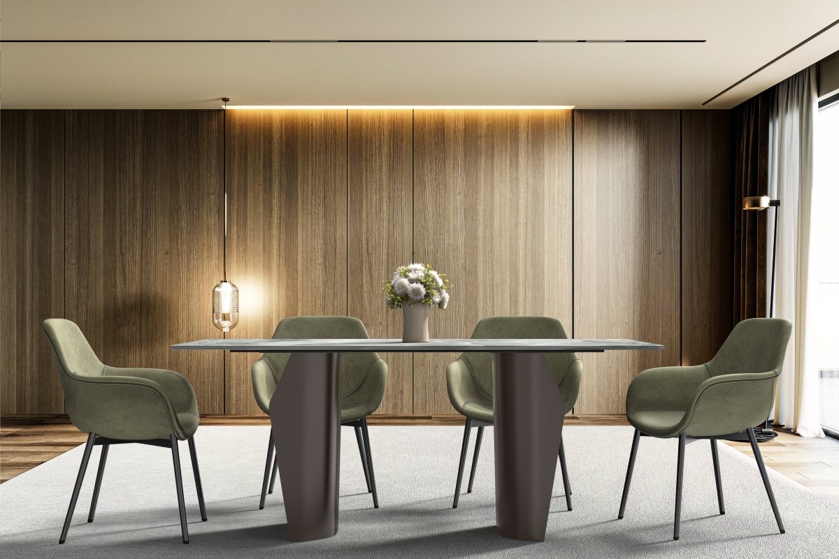 Zelan Dining Table with Rectangular Glass/Sintered Stone Tabletop and Steel Legs Sintered Stone 62 Inches Wide Deep Grey Dining Table Leisuremod