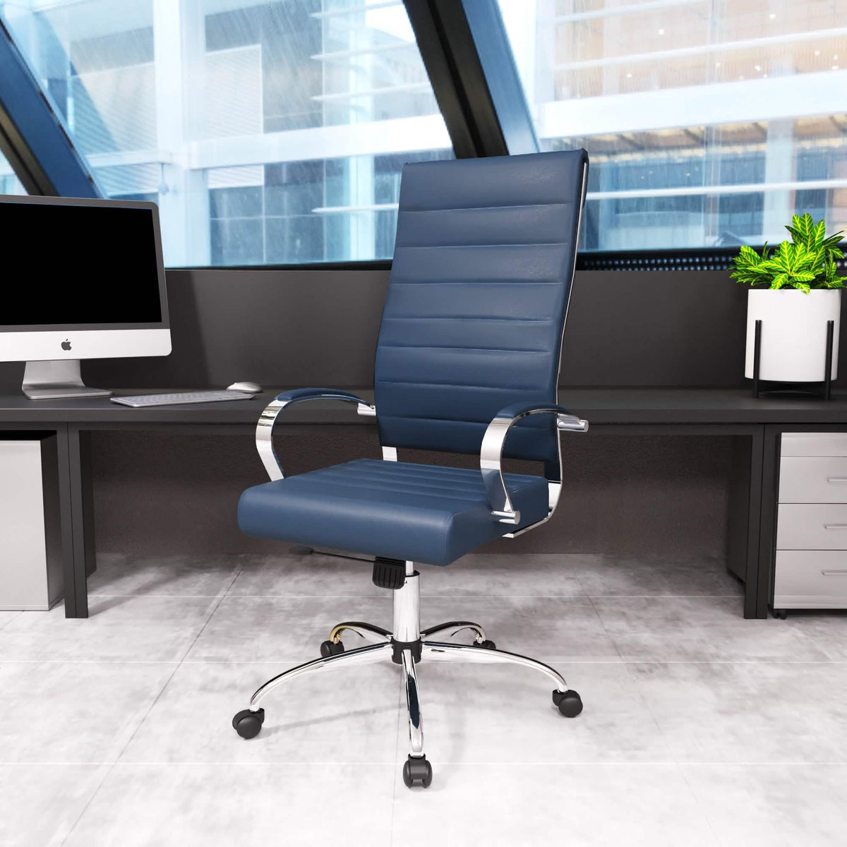 Benmar High-Back Leather Adjustable Office Conference Chair Chrome Navy Blue Office Chair Leisuremod